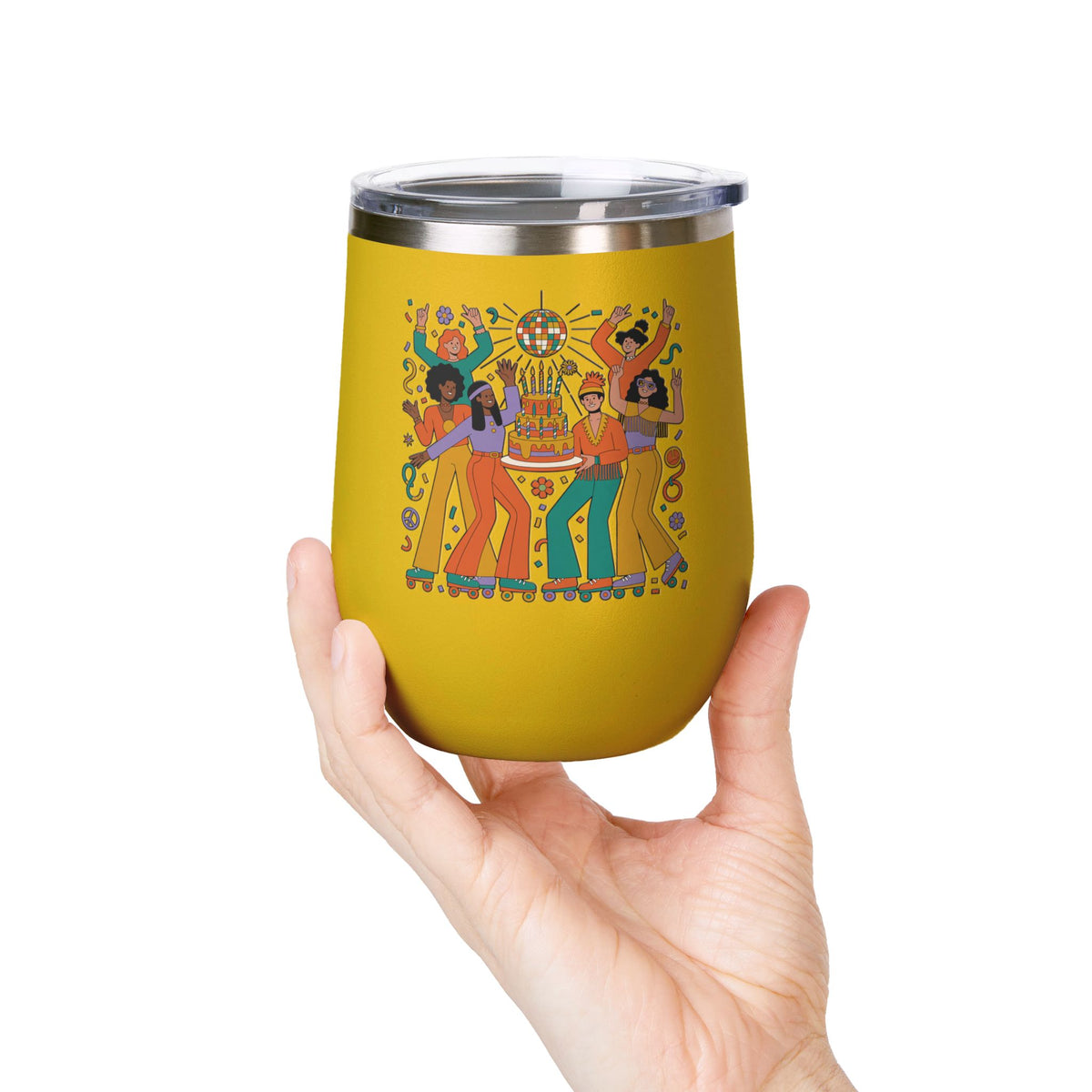 Retro Disco Birthday Wine Tumbler, 70s Roller Skating Party Design, Groovy Drinkware Gift for a Skater Friend Who Loves Vintage Aesthetics
