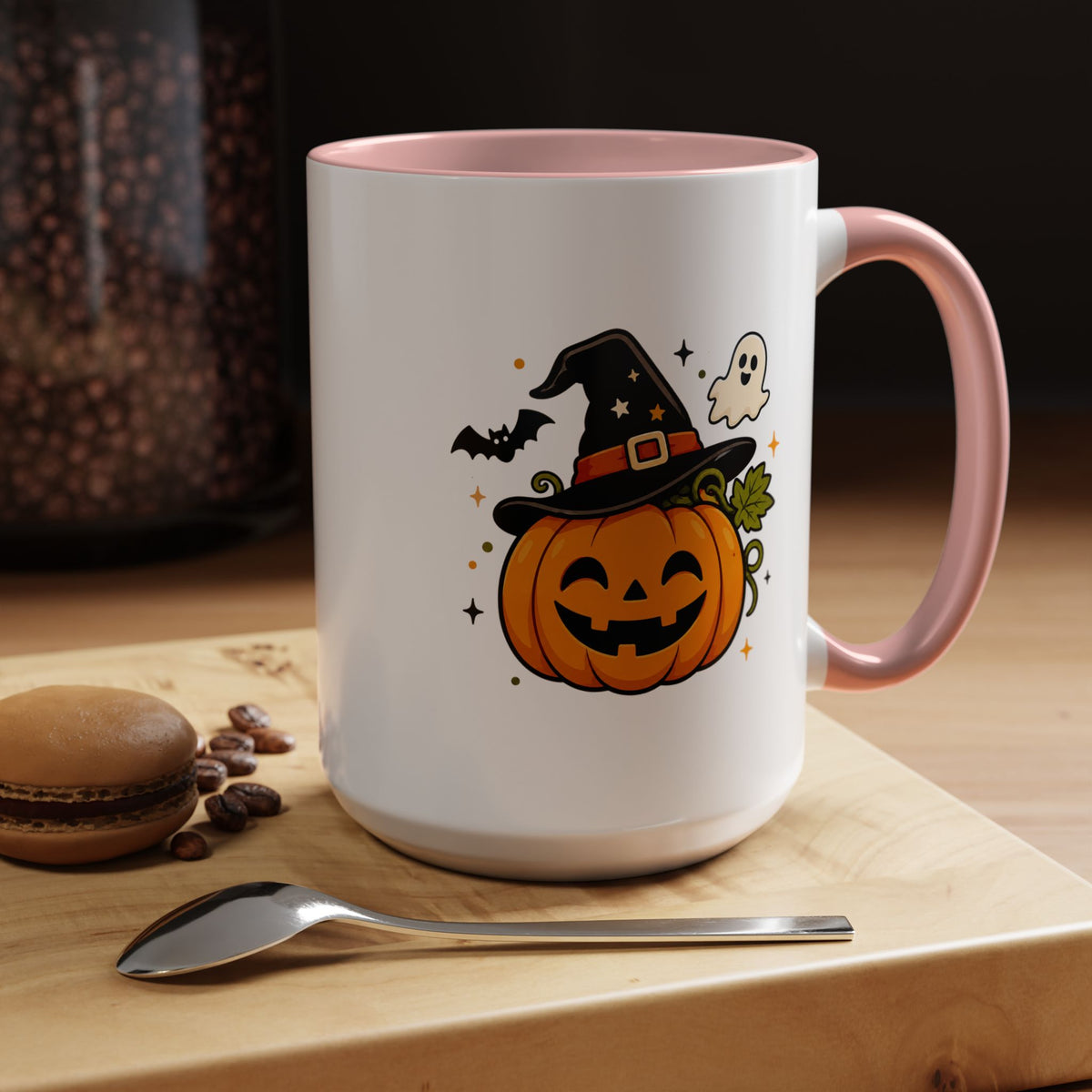 Cute Pumpkin Halloween Mug, Smiling Jack O Lantern Black Accent Coffee Cup, Cute Friendly Ghost Gift for Kids, Teachers or Fall Lovers