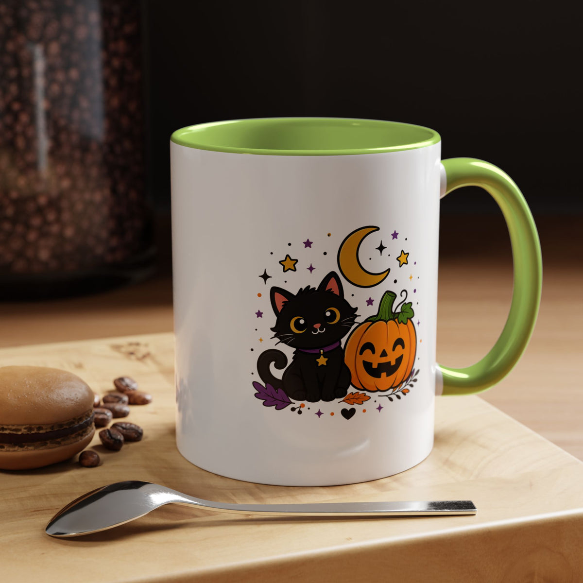Cute Black Cat Halloween Mug, Pumpkin and Moon Coffee Cup, Spooky Season Gift for Cat Lover, Fall Birthday Present, Witchy Fall Decor
