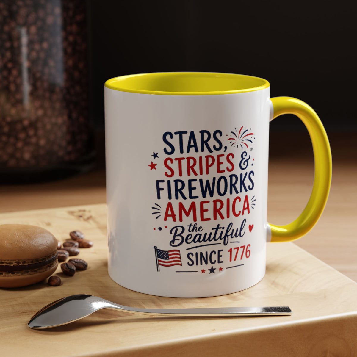 Stars and Stripes Coffee Mug, 4th of July Fireworks Gift for Hostess, America the Beautiful Since 1776 Patriotic Ceramic Tea Cup