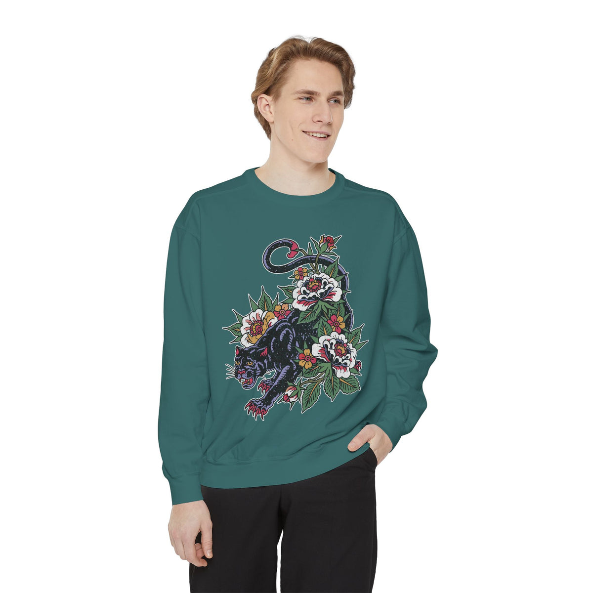 Traditional Panther Graphic Sweatshirt, Floral Tattoo Pullover for Men and Women, Old School Big Cat Top