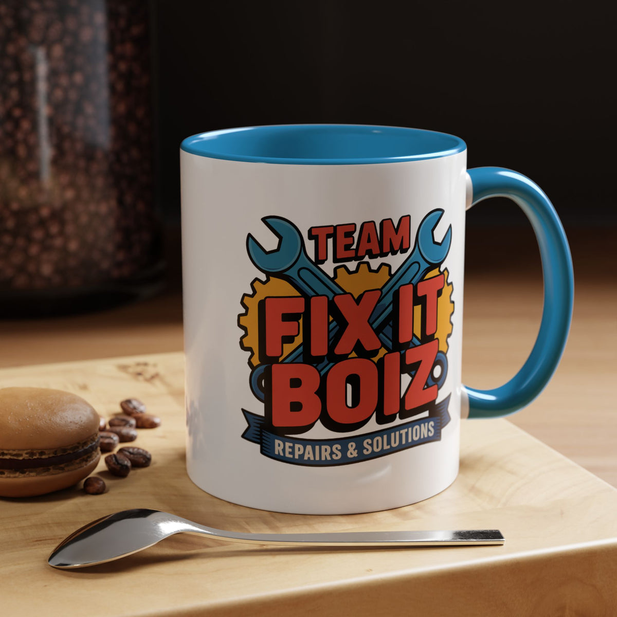 Mechanic Coffee Mug, Team Fix It Boiz Wrench and Gear Design, Handyman Gift for Dad or a Repair Crew Coworker, Workshop Coffee Break Cup