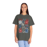 Patriotic Fireworks Shirt, Red White Blue Flower Graphic Tee, Americana T Shirt, Fourth of July Outfit, Vintage USA Gift for Women