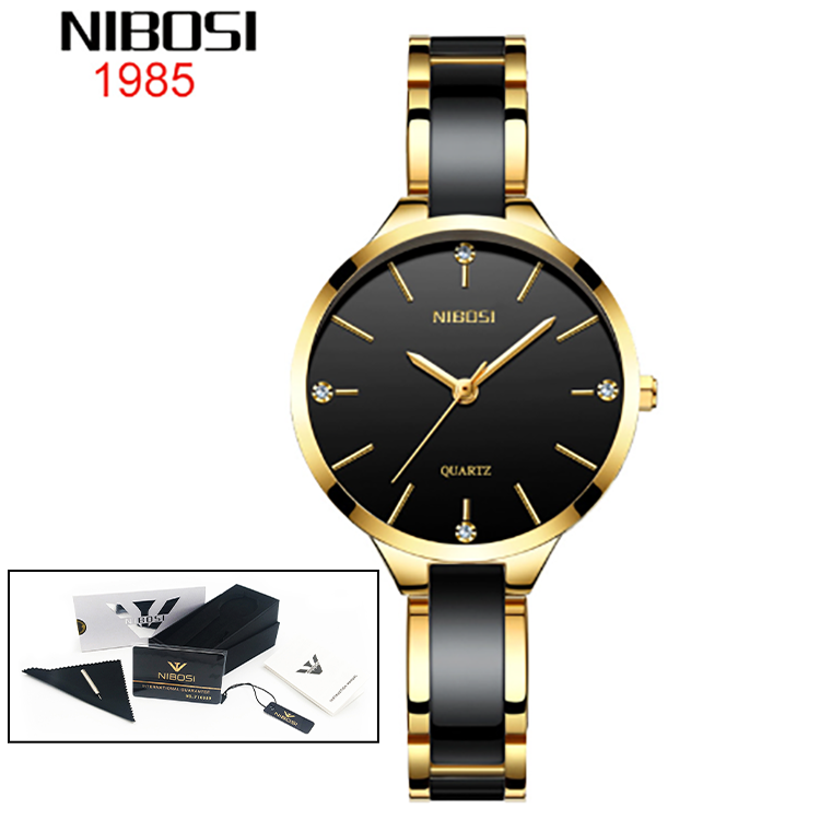 NIBOSI rose gold and white ceramic bracelet watch with crystal hour markers, front view