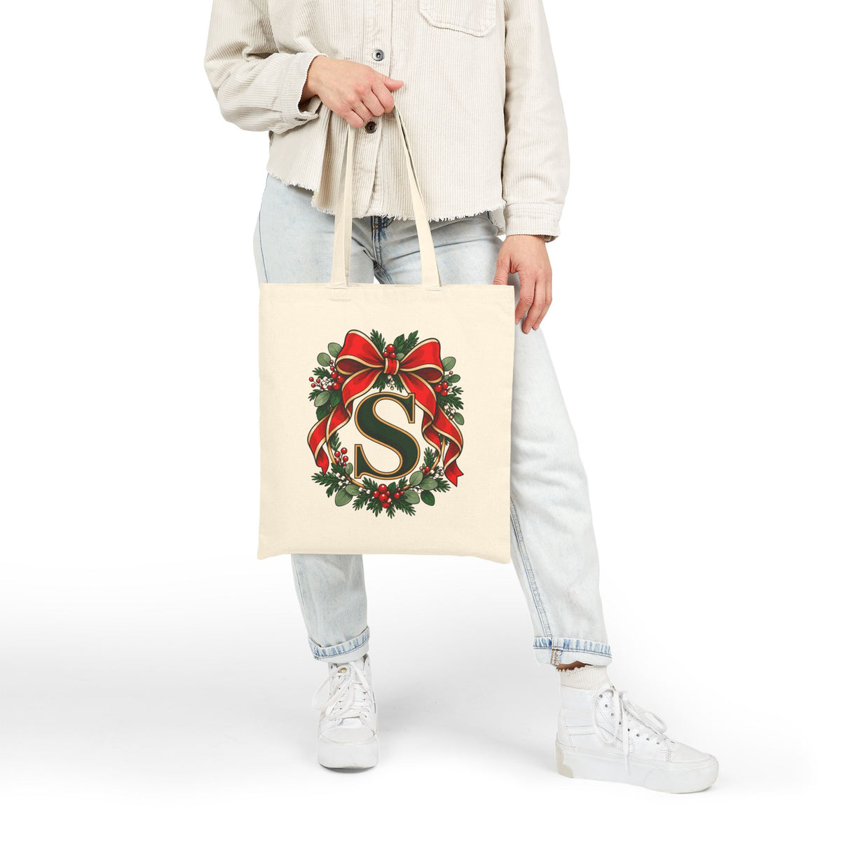 Christmas Initial Tote Bag, Personalized Cotton Canvas 15x16, Red Bow Monogram, Evergreen Wreath Holiday Gift