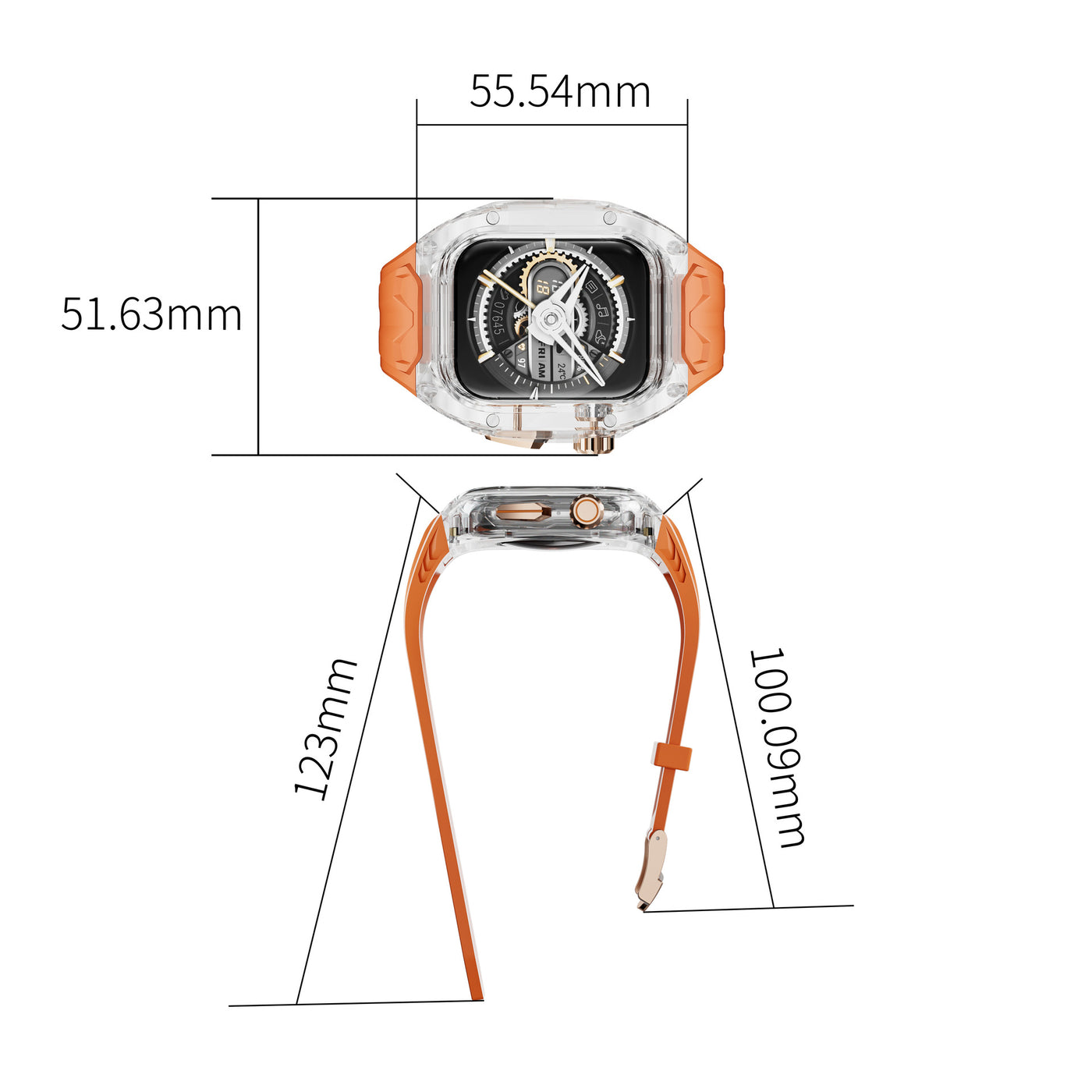 Clear transparent Apple Watch case with orange silicone strap, front and side dimension diagram on white background