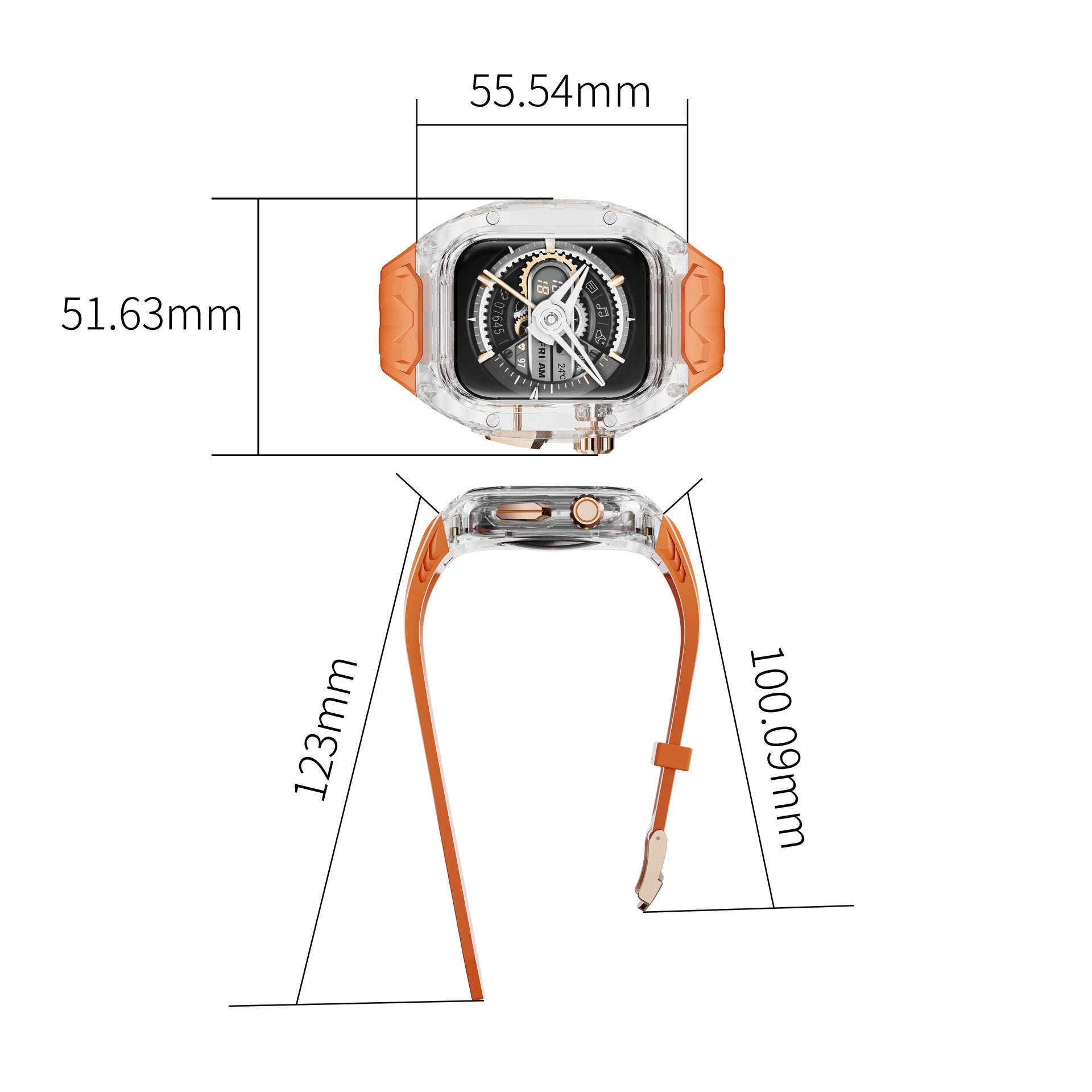 Clear transparent Apple Watch case with orange silicone strap, front and side dimension diagram on white background