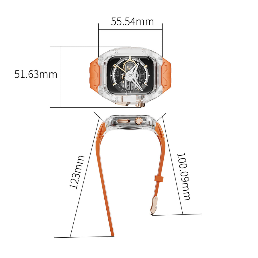 Clear transparent Apple Watch case with orange silicone strap, front and side dimension diagram on white background