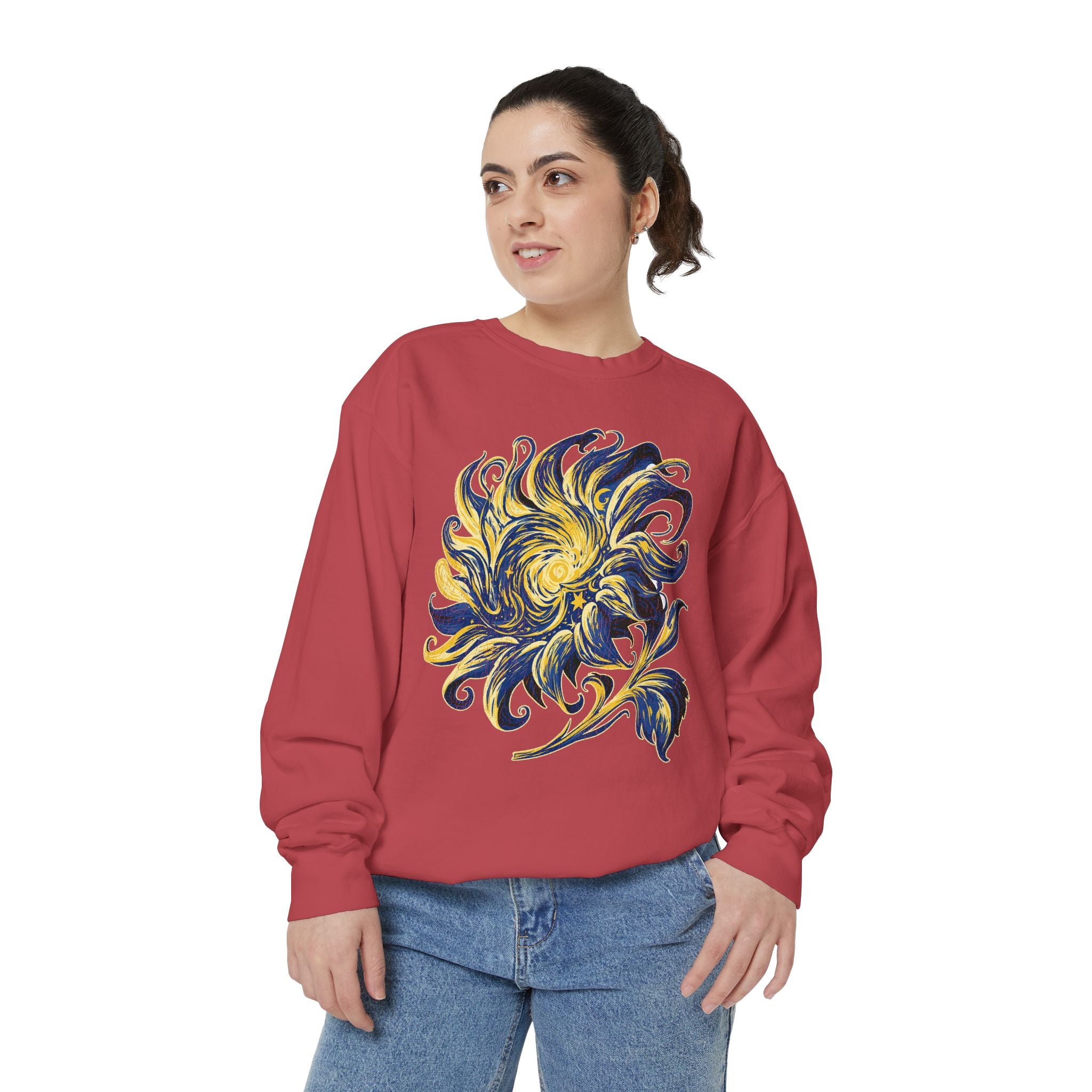 Celestial Sun Graphic Sweatshirt, Blue and Gold Cosmic Pullover, Mystical Night Sky Top, Astrology Gift for Stargazers and Dreamers