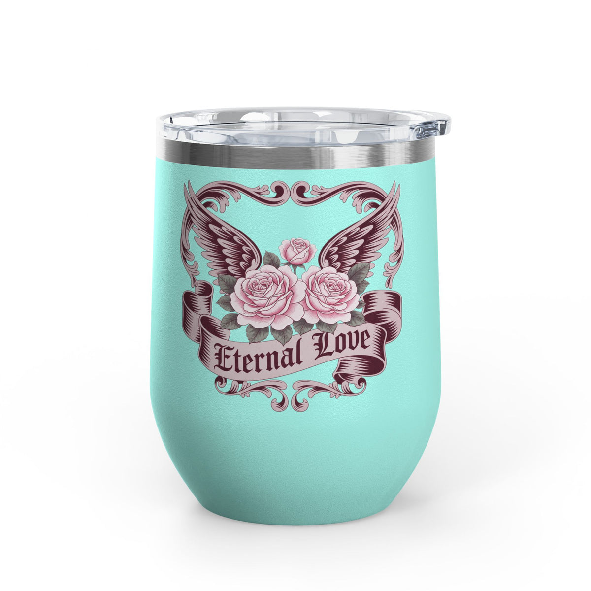 Eternal Love Wine Tumbler, Gothic Rose and Angel Wings Design, Romantic Anniversary Gift for Her, Vintage Tattoo Style Drinkware