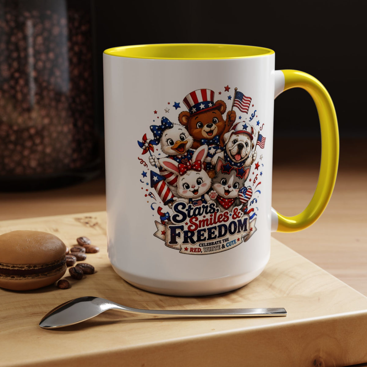 Cute Patriotic Animal Coffee Mug, Fourth of July Mug for Kids and Families, Stars Smiles and Freedom Cup, Independence Day Gift