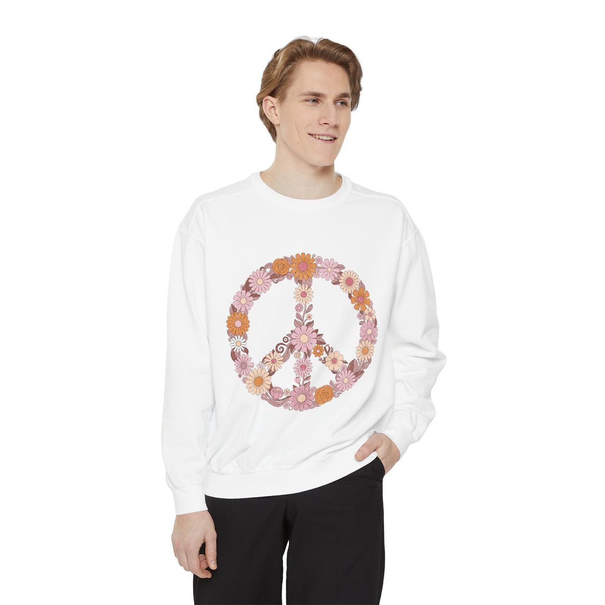 Floral Peace Sign Sweatshirt, Retro Daisy Crewneck for Women, Hippie Flower Gift, Cozy Boho Pullover for Festivals and Everyday Wear