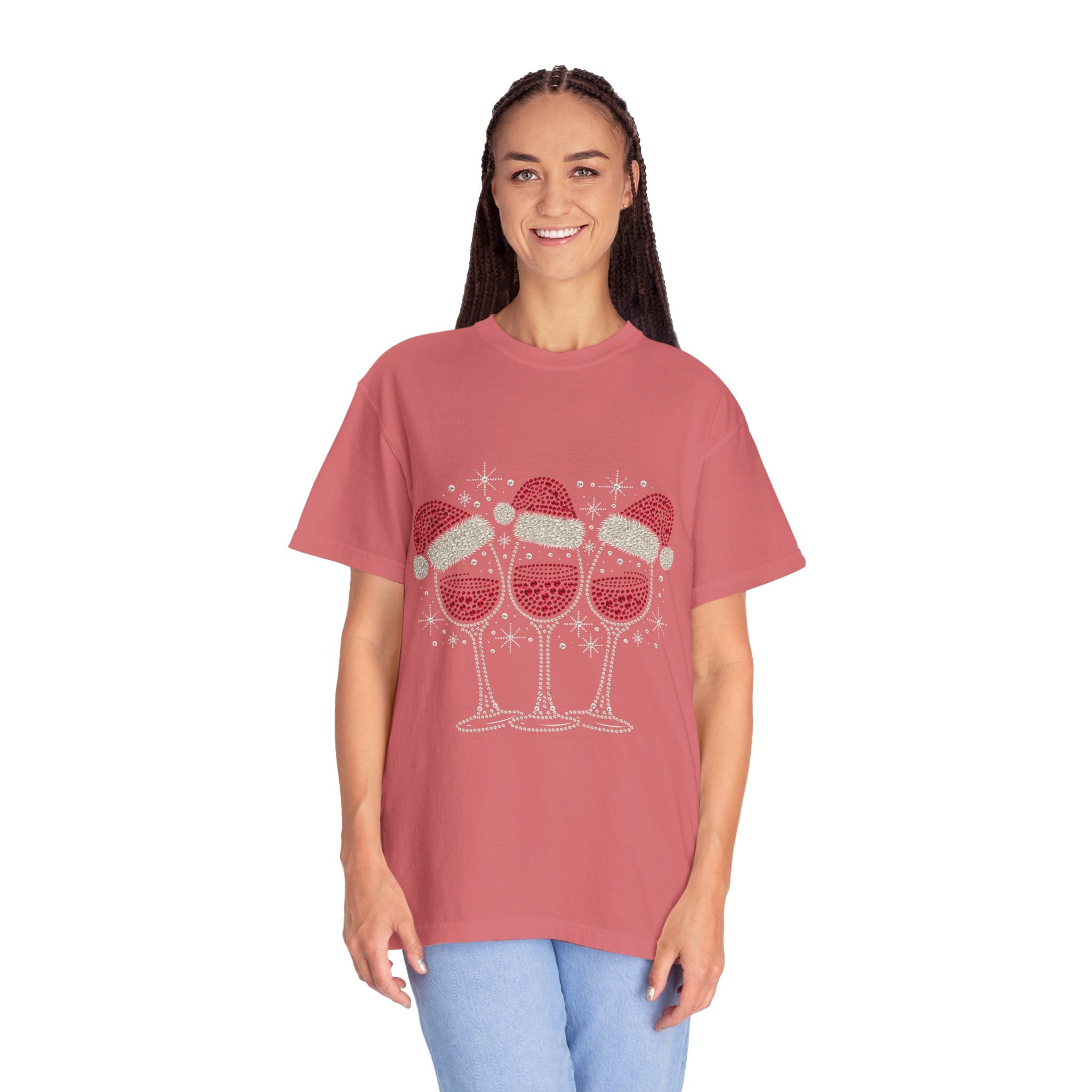 Christmas Wine Glass Shirt, Rhinestone Style Santa Hat T-Shirt, Sparkly Holiday Party Tee, Gift for Wine Lover or Girls Christmas Night
