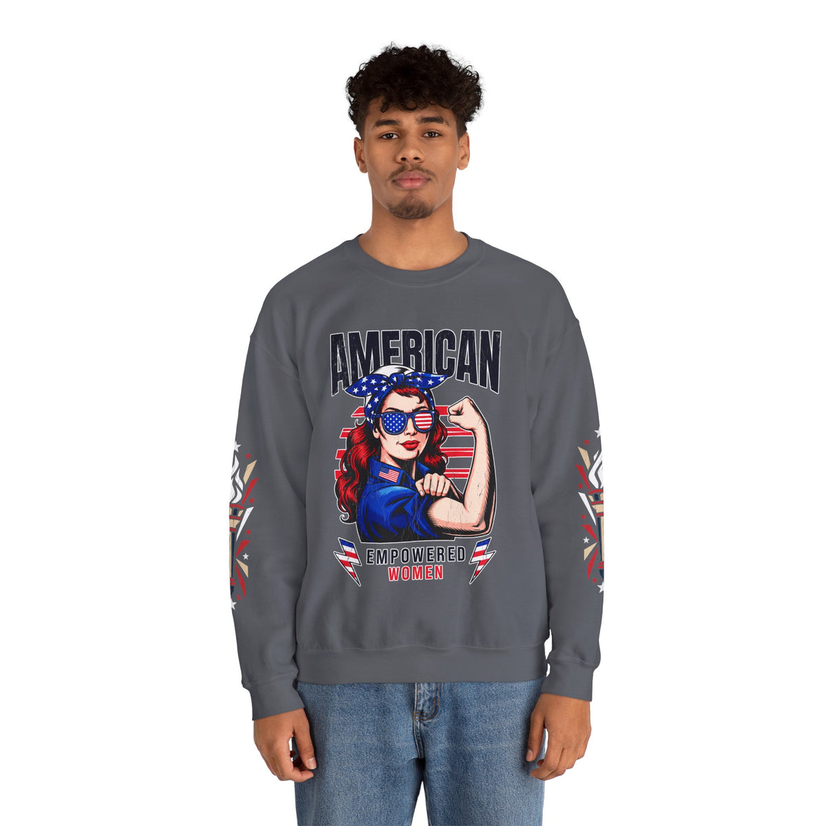American Empowered Women Sweatshirt, Patriotic Rosie Style Crewneck, USA Flag Pullover, Fourth of July Outfit, Feminist Gift for Her