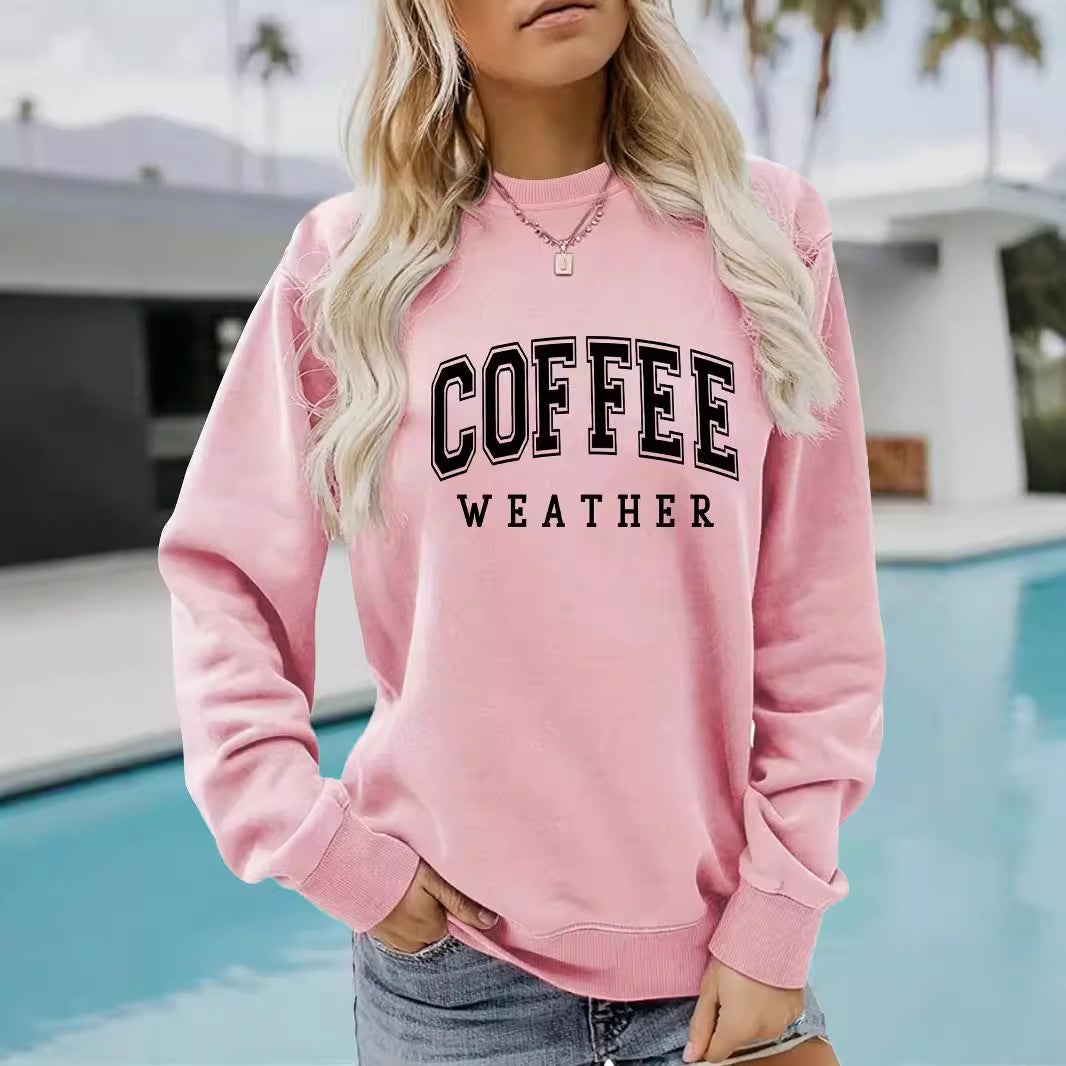 Round neck COFFEE printed pullover sweatshirt sweatshirt
