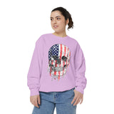 American Flag Skull Sweatshirt, Distressed Patriotic Graphic for Biker Outfits, Fourth of July Style, Birthday Gift for Skull Art Lovers