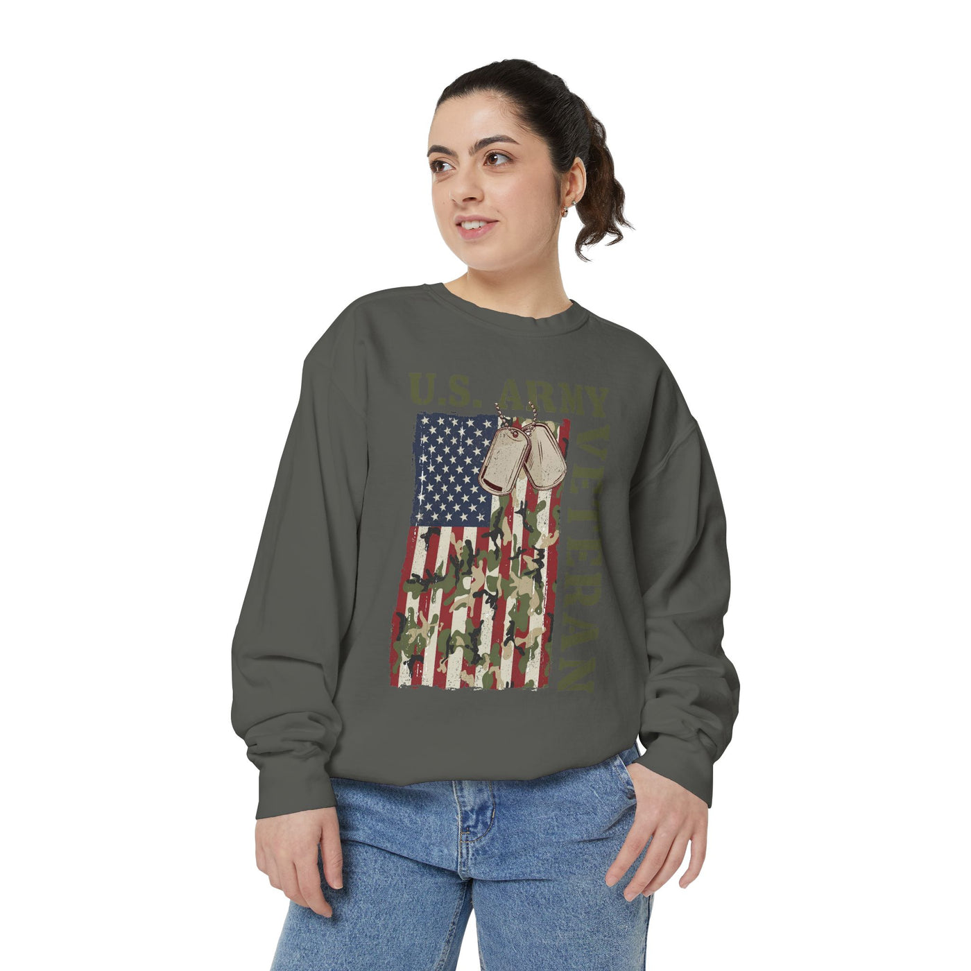 US Army Veteran Sweatshirt, American Flag Camo Crewneck, Military Dog Tag Pullover, Patriotic Soldier Gift, Retirement or Veterans Day Top