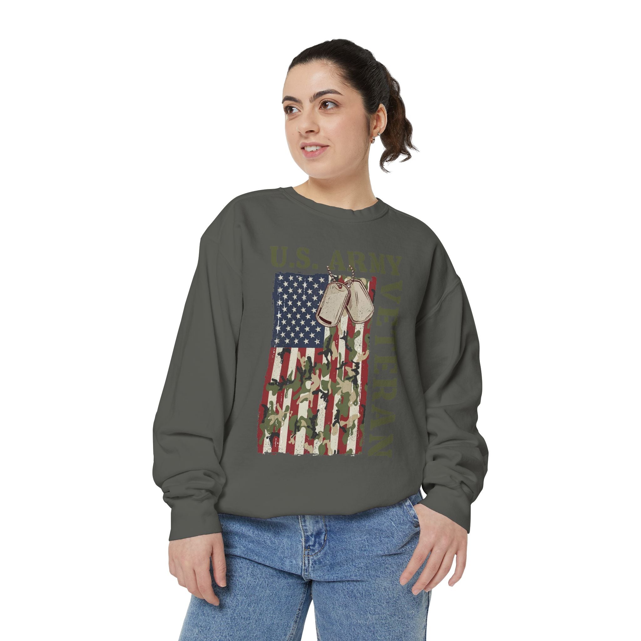 US Army Veteran Sweatshirt, American Flag Camo Crewneck, Military Dog Tag Pullover, Patriotic Soldier Gift, Retirement or Veterans Day Top