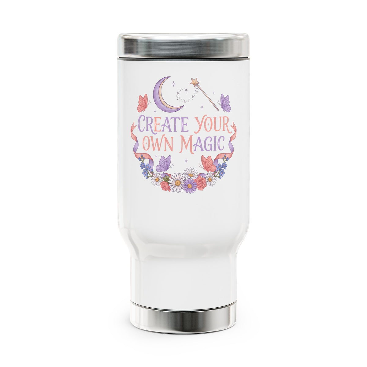 Floral Stainless Steel Travel Mug, Create Your Own Magic Cup, Butterfly and Moon Drinkware, Inspirational Gift for Her