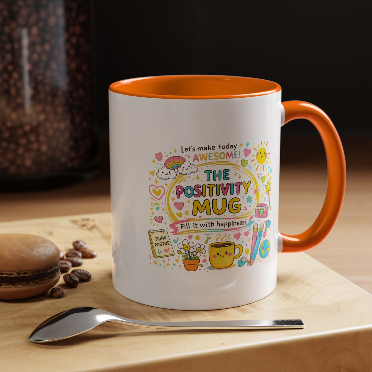The Positivity Mug, Funny Sarcastic Office Gag Gift for Coworkers, Bright Doodle Aesthetic Motivational Coffee Cup with Orange Handle