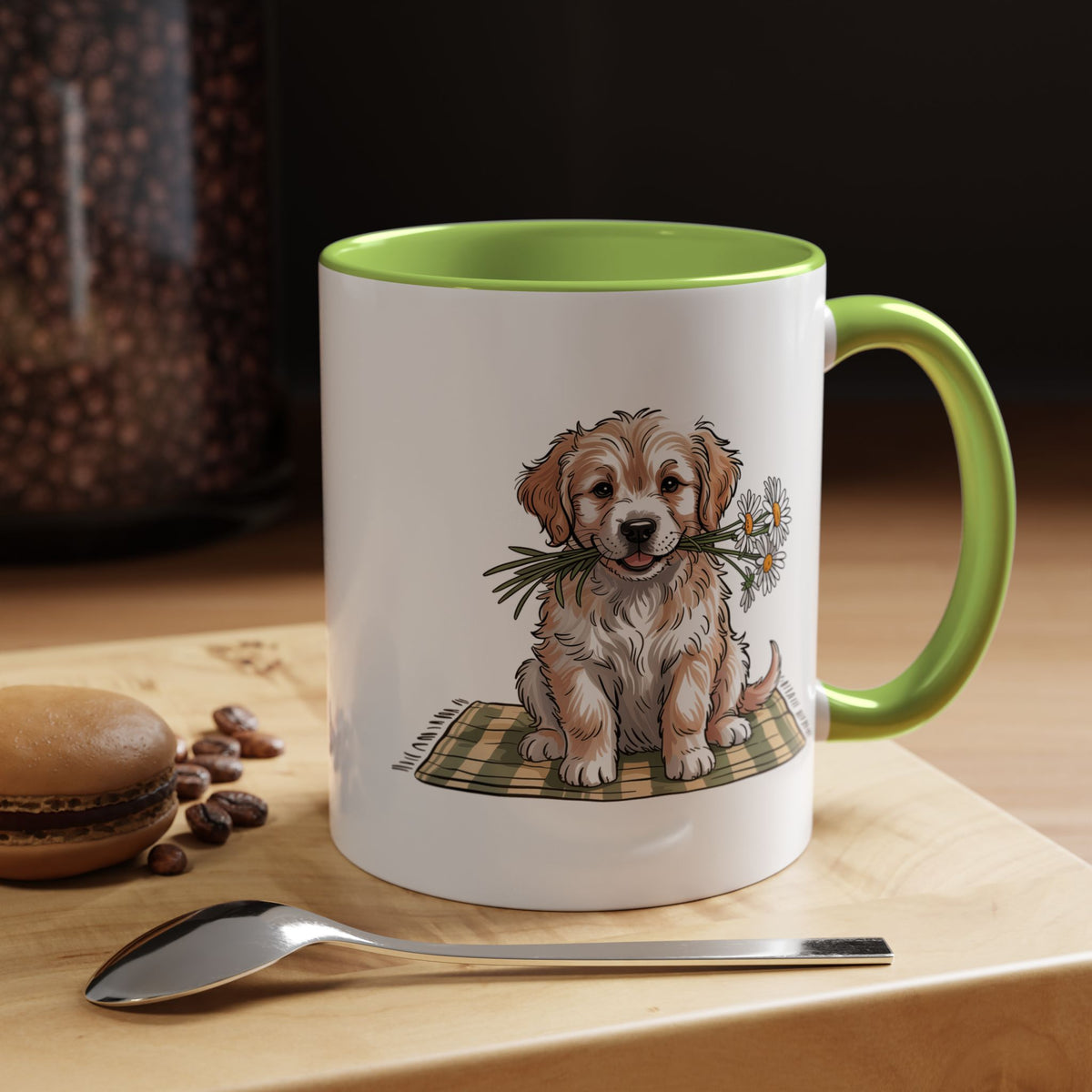 Cute Puppy Coffee Mug, Fluffy Dog Holding Daisies on a Gingham Blanket, Birthday Gift for a Dog Mom or Animal Lover Who Enjoys Cottage Style