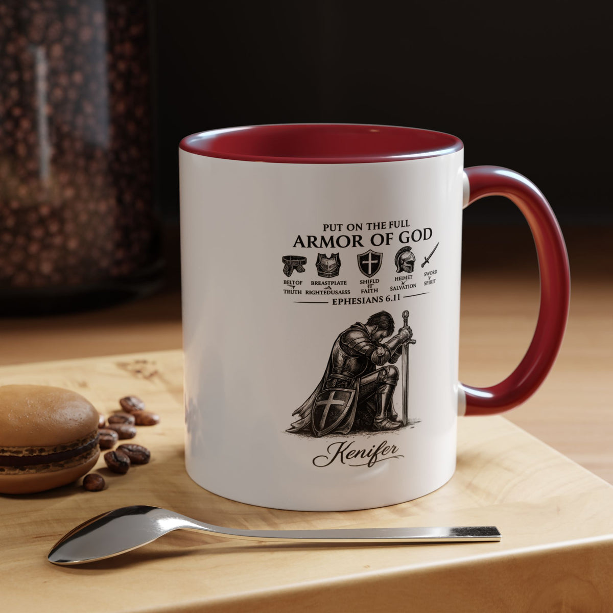 Full Armor of God Coffee Mug with Name, Personalized Christian Knight Gift for Men, Inspirational Scripture Ceramic Tea Cup, Religious Faith Present