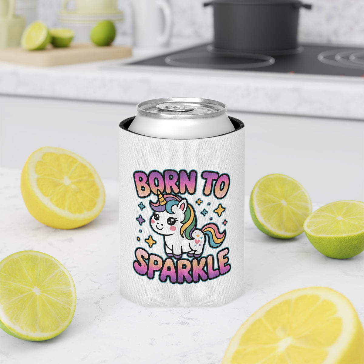 Unicorn Can Cooler, Born to Sparkle Drink Sleeve, Cute Rainbow Beer Holder, Magical Gift for Her, Fantasy Party Favor, Unicorn Lover Gift