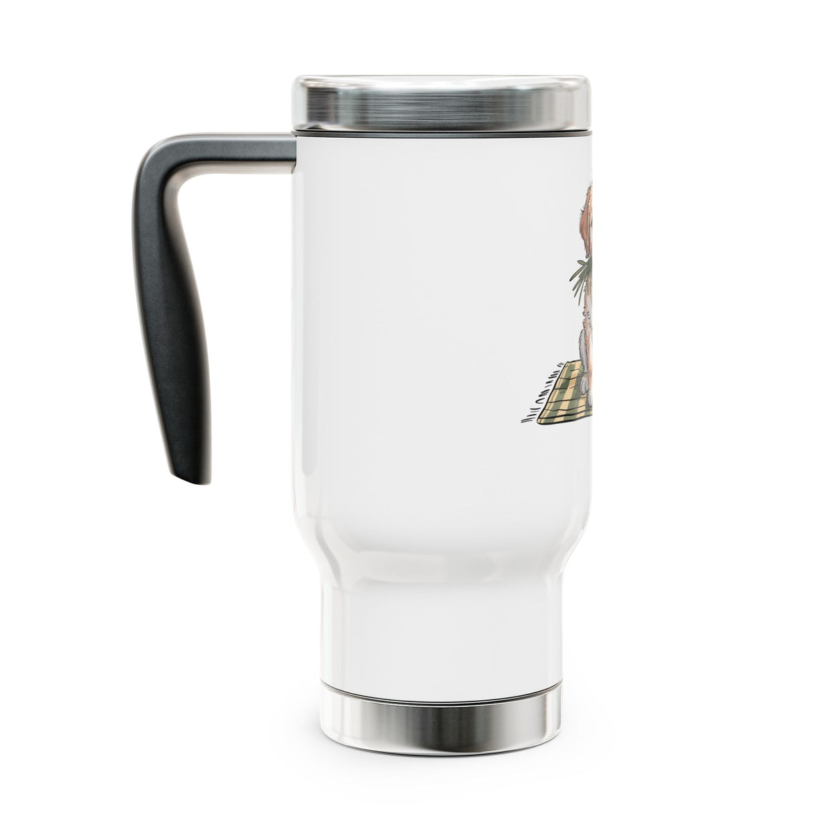 Golden Puppy Travel Mug with Handle, Cute Dog and Flower Coffee Cup, Gift for Dog Moms, Pet Lovers and Animal Lovers, Cute Dog Art