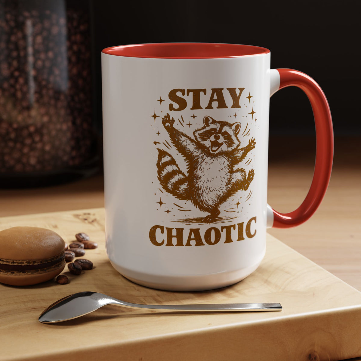 Stay Chaotic Raccoon Coffee Mug, Funny Trash Panda Gift for Friends, Sarcastic Animal Meme Ceramic Tea Cup with Pink Handle