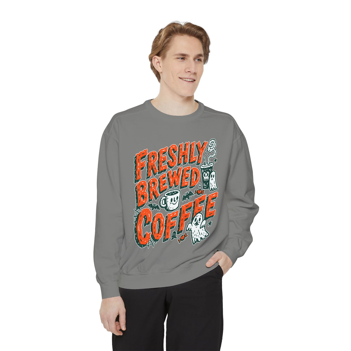 Coffee Lover Halloween Sweatshirt, Freshly Brewed Coffee Ghost Pullover, Cute Spooky Season Gift for Barista and Caffeine Fan, Gift for Her