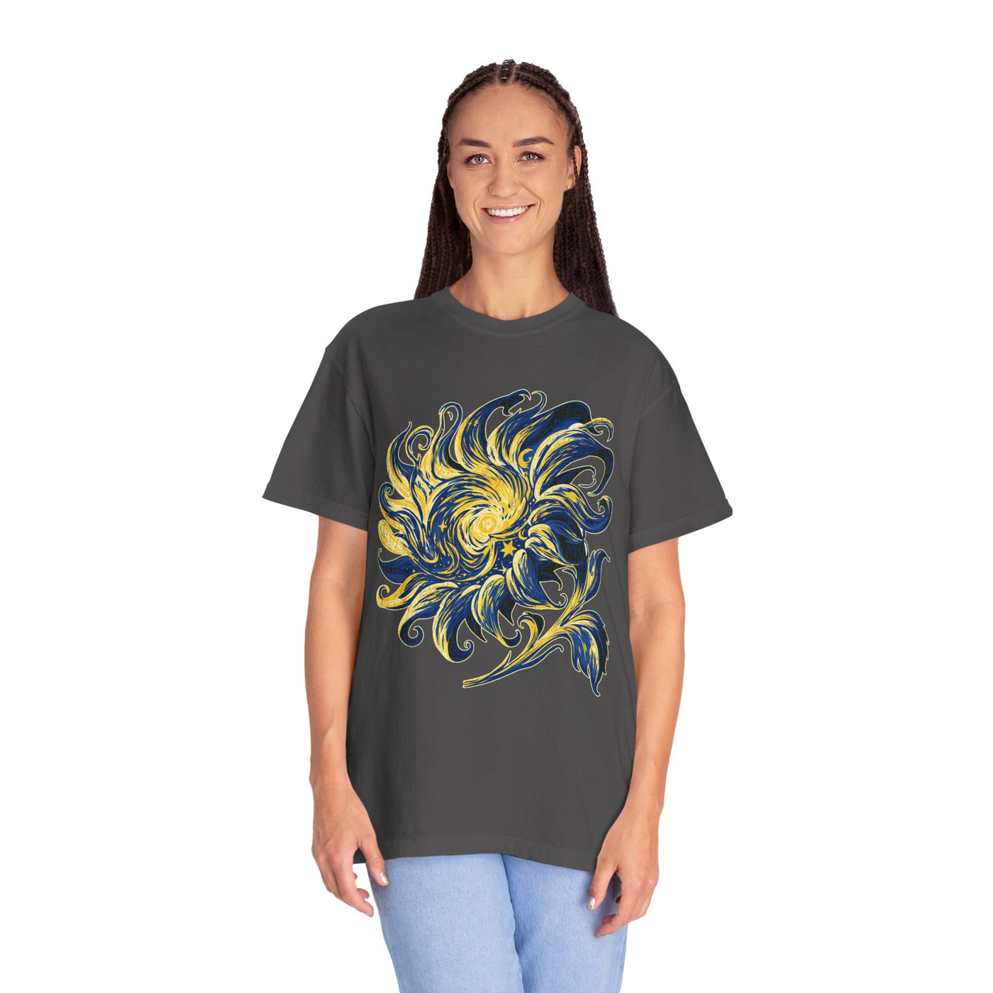 Celestial Sun Graphic Shirt, Blue and Gold Cosmic T-Shirt, Mystical Night Sky Tee, Astrology Gift for Stargazers and Dreamers, Gift Idea