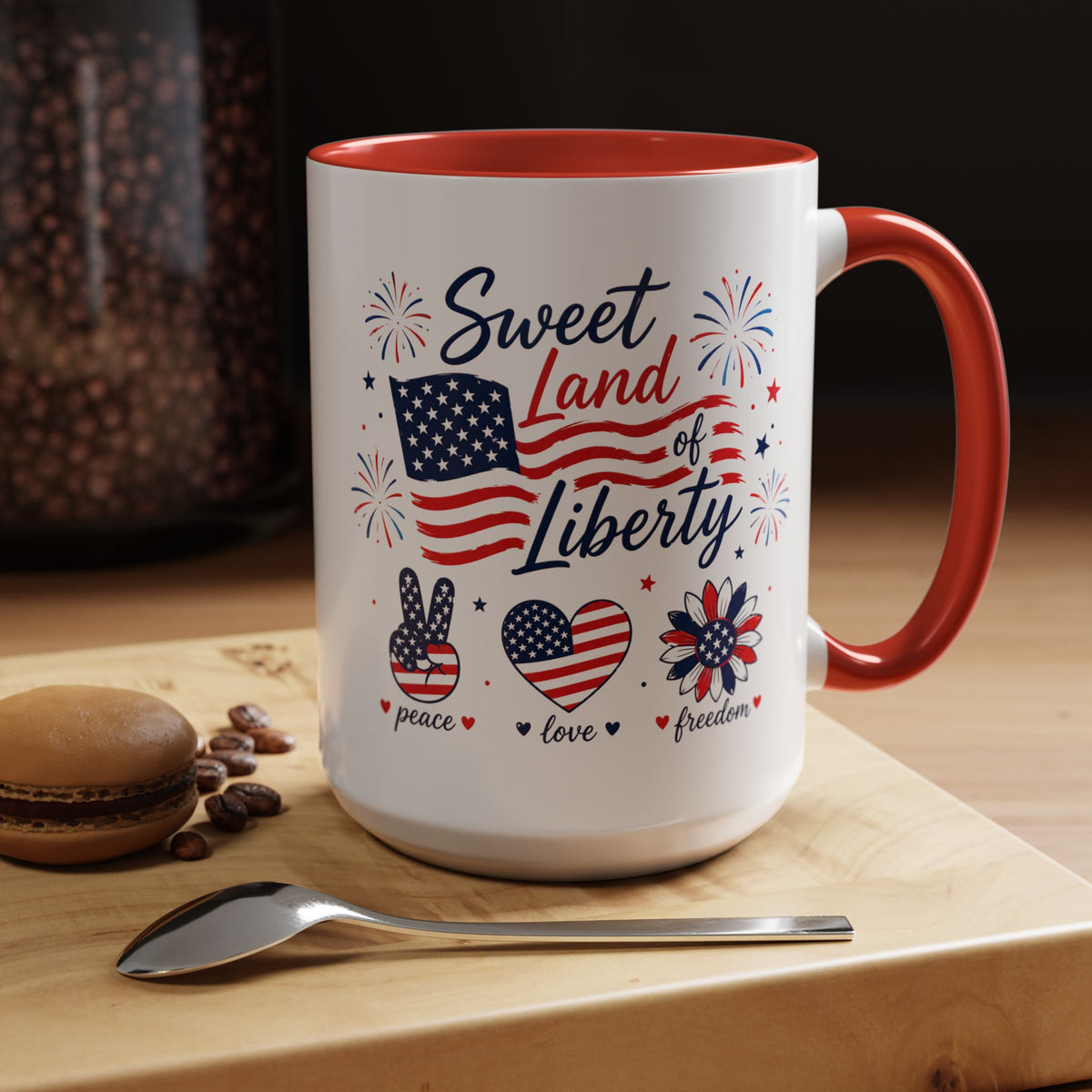 Sweet Land of Liberty Coffee Mug, Patriotic Fourth of July Mug, American Flag Heart Freedom Cup, USA Pride Gift for Women