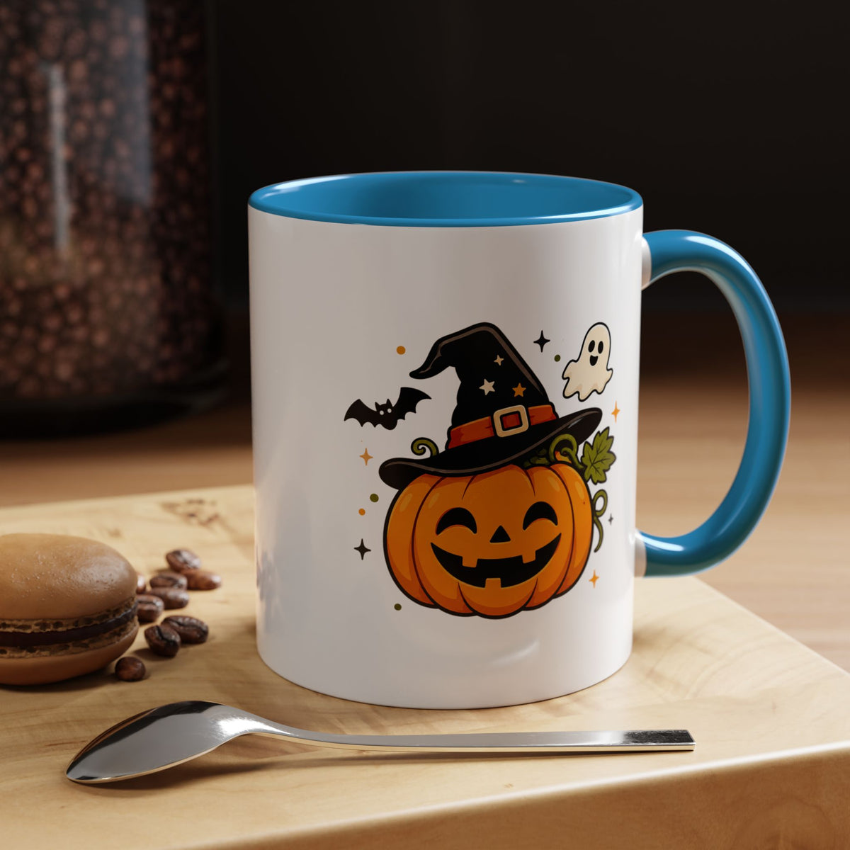 Cute Pumpkin Halloween Mug, Smiling Jack O Lantern Black Accent Coffee Cup, Cute Friendly Ghost Gift for Kids, Teachers or Fall Lovers