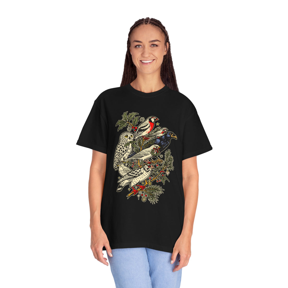 Winter Birds Graphic Shirt, Vintage Woodland T-Shirt for Bird Lovers, Festive Nature Tee, Cozy Christmas Gift for Birdwatchers and Moms