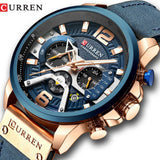 CURREN men's chronograph watch, blue dial with rose gold accents, blue leather strap