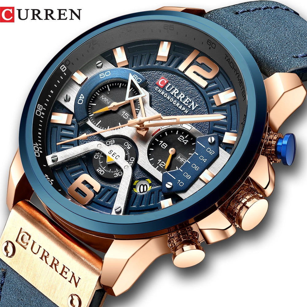 CURREN men's chronograph watch, blue dial with rose gold accents, blue leather strap