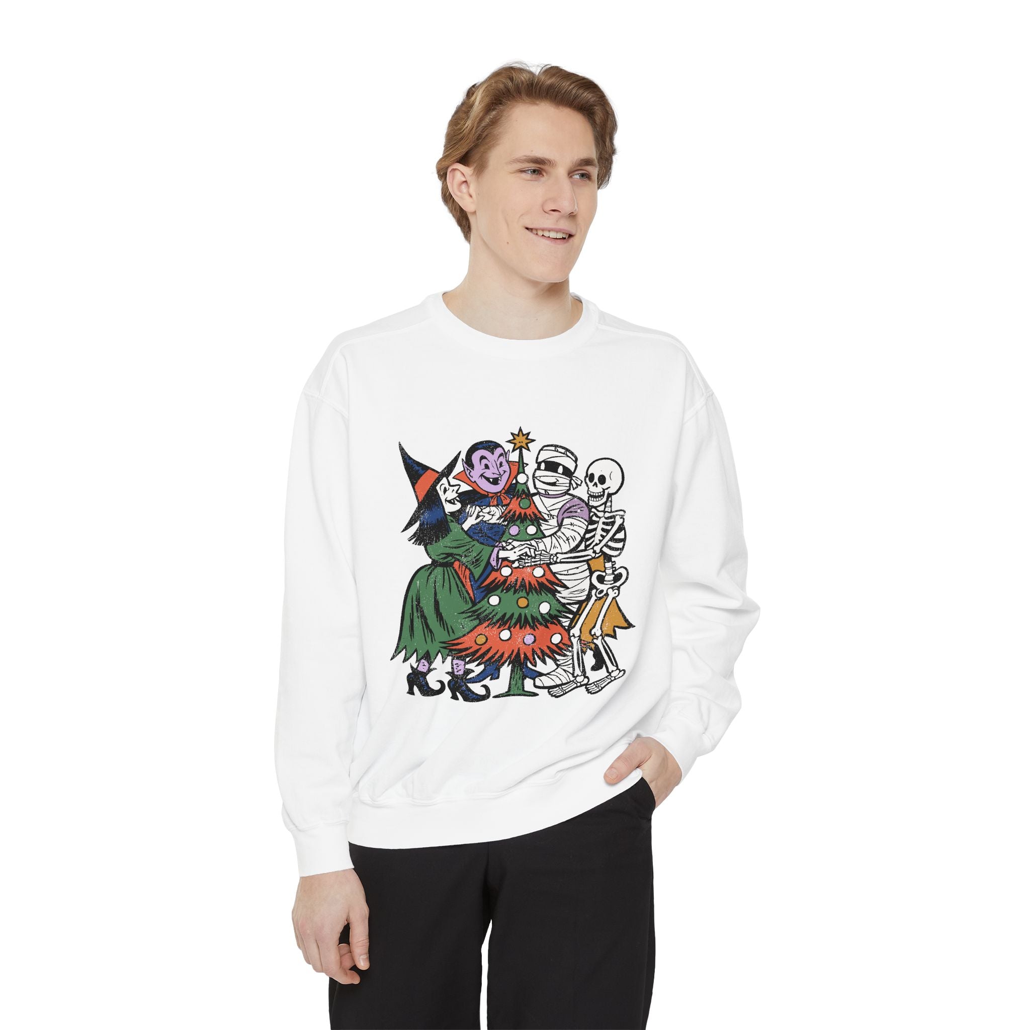 Spooky Christmas Sweatshirt, Halloween Holiday Mashup Crewneck, Witch Vampire Mummy Skeleton Pullover, Gothic Xmas Gift for Horror Fan