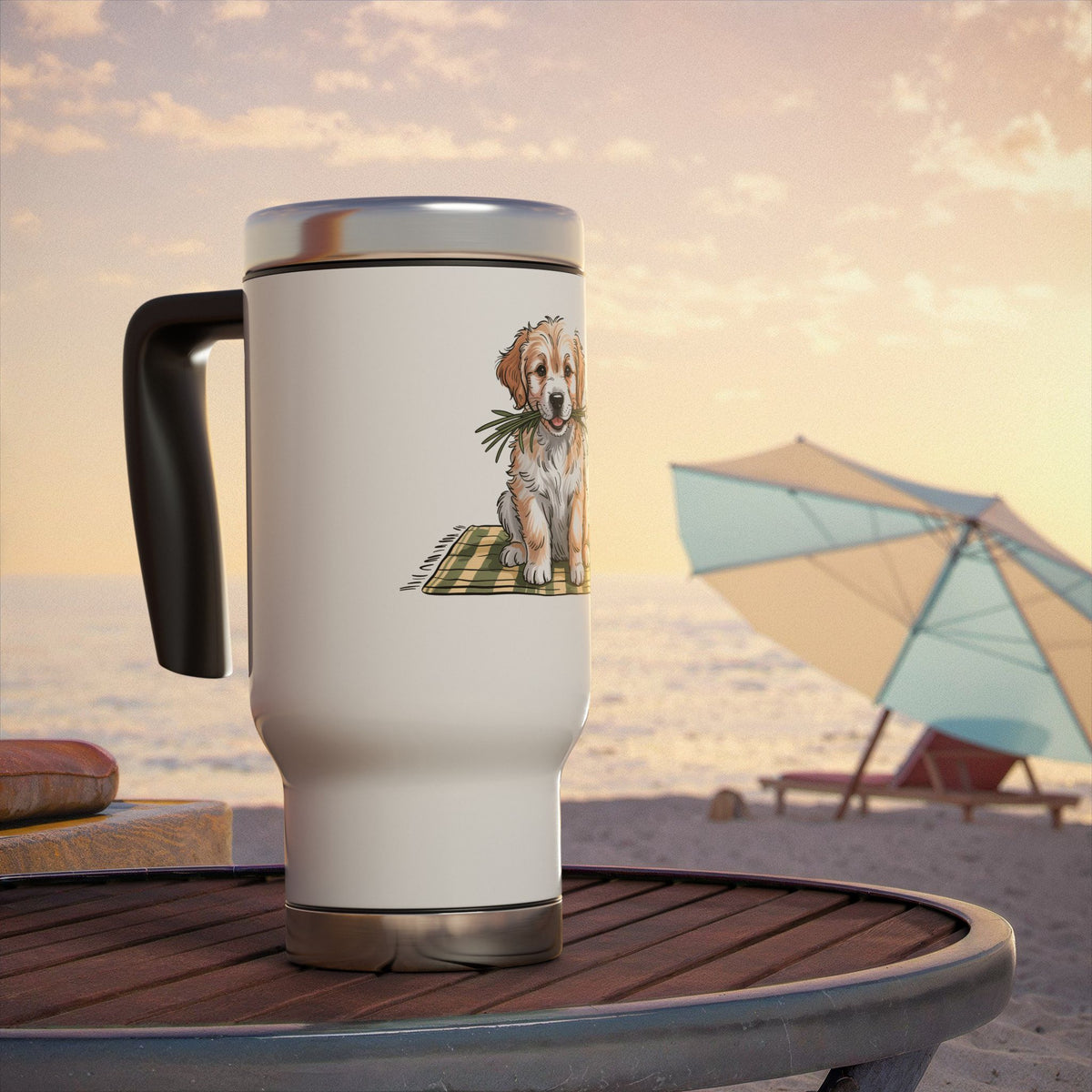Golden Puppy Travel Mug with Handle, Cute Dog and Flower Coffee Cup, Gift for Dog Moms, Pet Lovers and Animal Lovers, Cute Dog Art