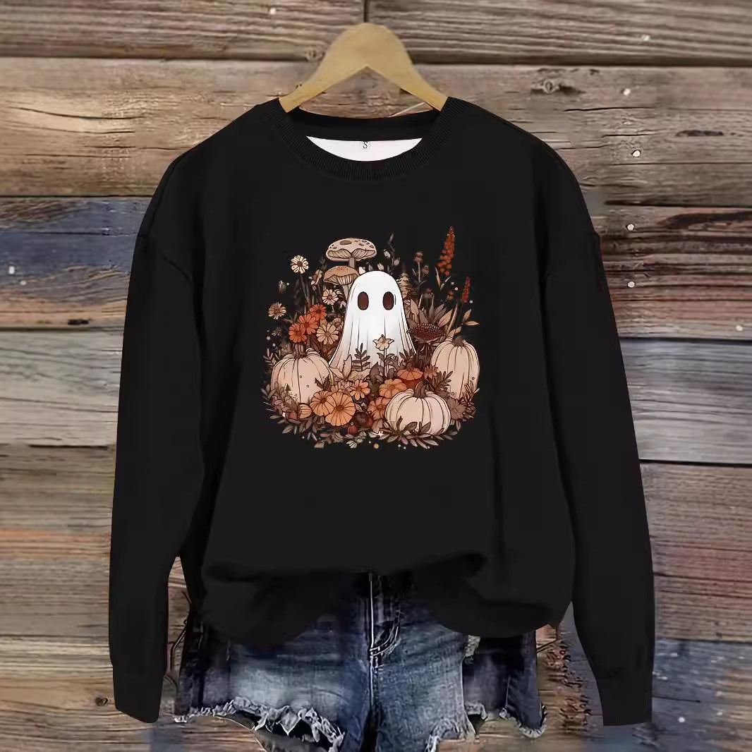 Round neck cartoon ghost print pullover sweatshirt sweatshirt sweatshirt