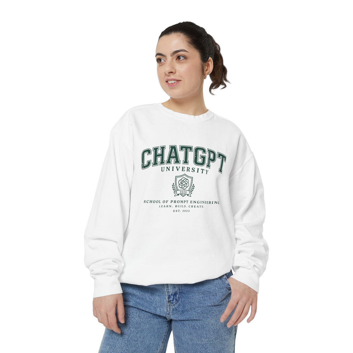 ChatGPT University Sweatshirt, Prompt Engineering Crewneck, AI Student Gift, Funny Tech Pullover, Coder Graduation Campus Outfit 2026
