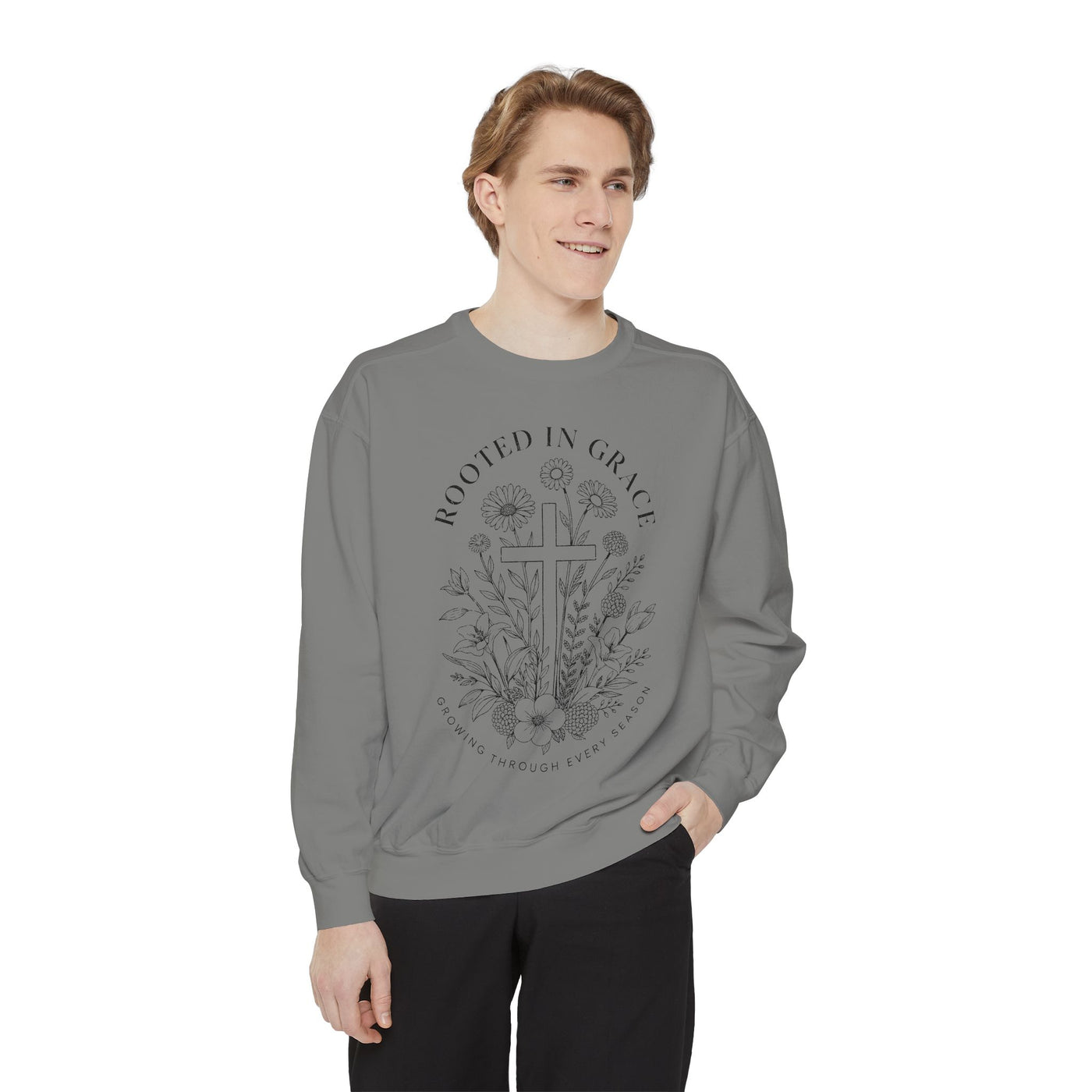 Rooted in Grace Comfort Colors Sweatshirt, Christian Floral Cross Sweatshirt, Faith Based Gift for Women, Inspirational Crewneck
