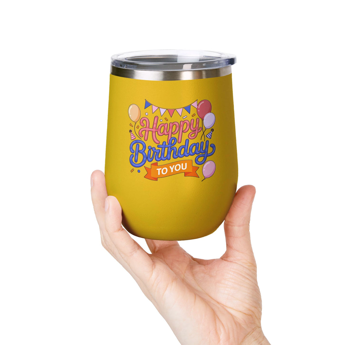 Happy Birthday to You Wine Tumbler, Pink and Blue Balloons with Party Bunting, Colorful Drinkware Gift for a Sister or Best Friend's Party