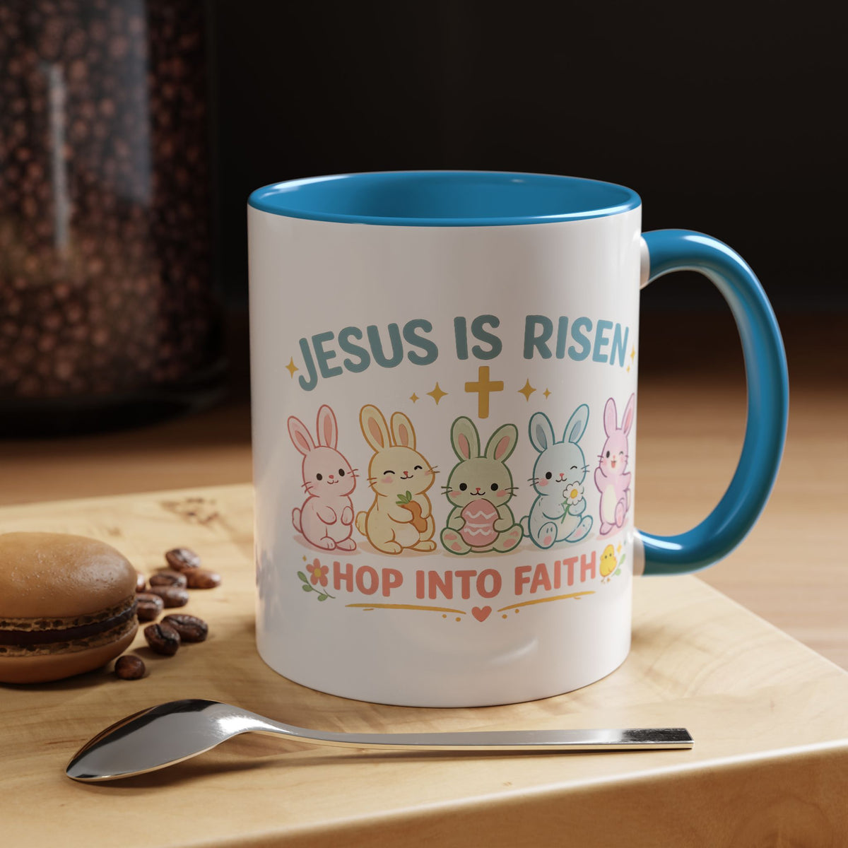 Christian Easter Bunny Mug, Jesus Is Risen Hop Into Faith Coffee Mug, Faith Based Easter Gift, Religious Spring Mug for Women Kids