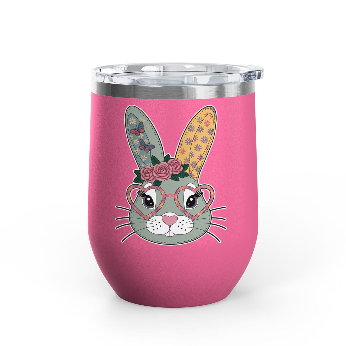 Floral Bunny Wine Tumbler, Cute Rabbit with Heart Glasses, Easter Gift for Her, Whimsical Spring Drinkware, Bunny Lover Gift