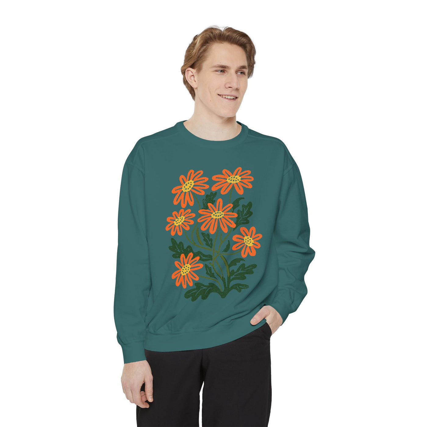 Orange Daisy Graphic Sweatshirt, Retro Floral Pullover for Flower Lovers, Groovy Botanical Top, Cheerful Garden Gift for Women