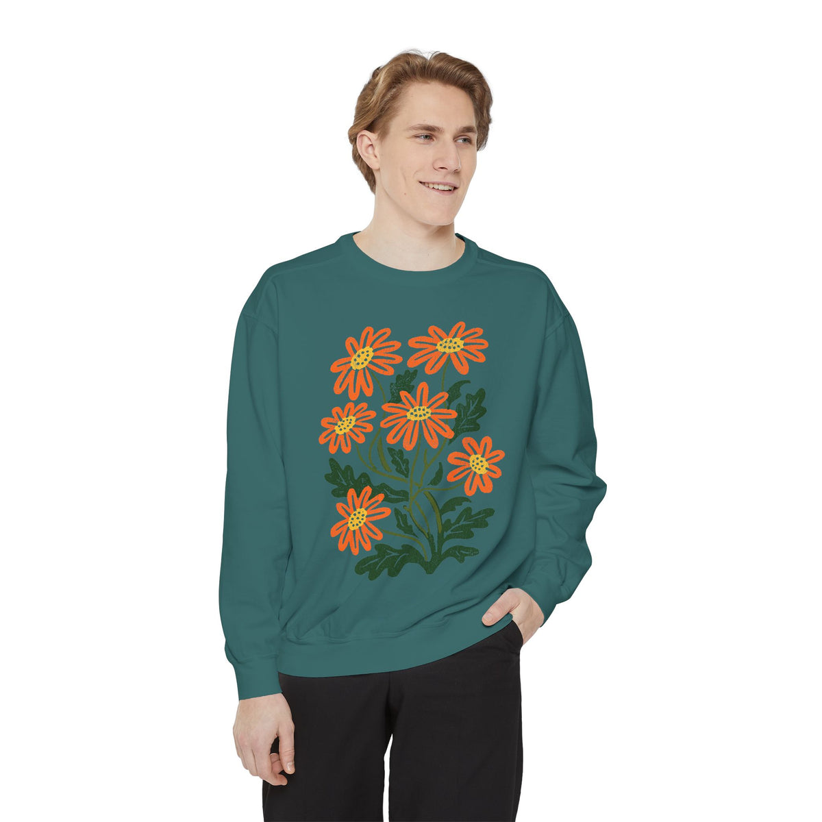 Orange Daisy Graphic Sweatshirt, Retro Floral Pullover for Flower Lovers, Groovy Botanical Top, Cheerful Garden Gift for Women