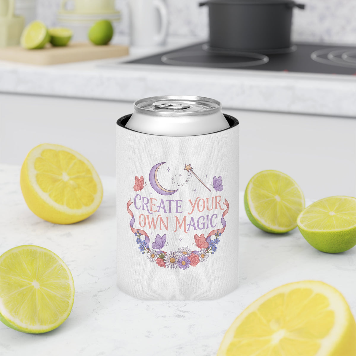 Magical Can Cooler, Create Your Own Magic Drink Sleeve, Fantasy Gift for Her, Floral Moon Can Holder, Witchy Gift, Whimsical Party Favor