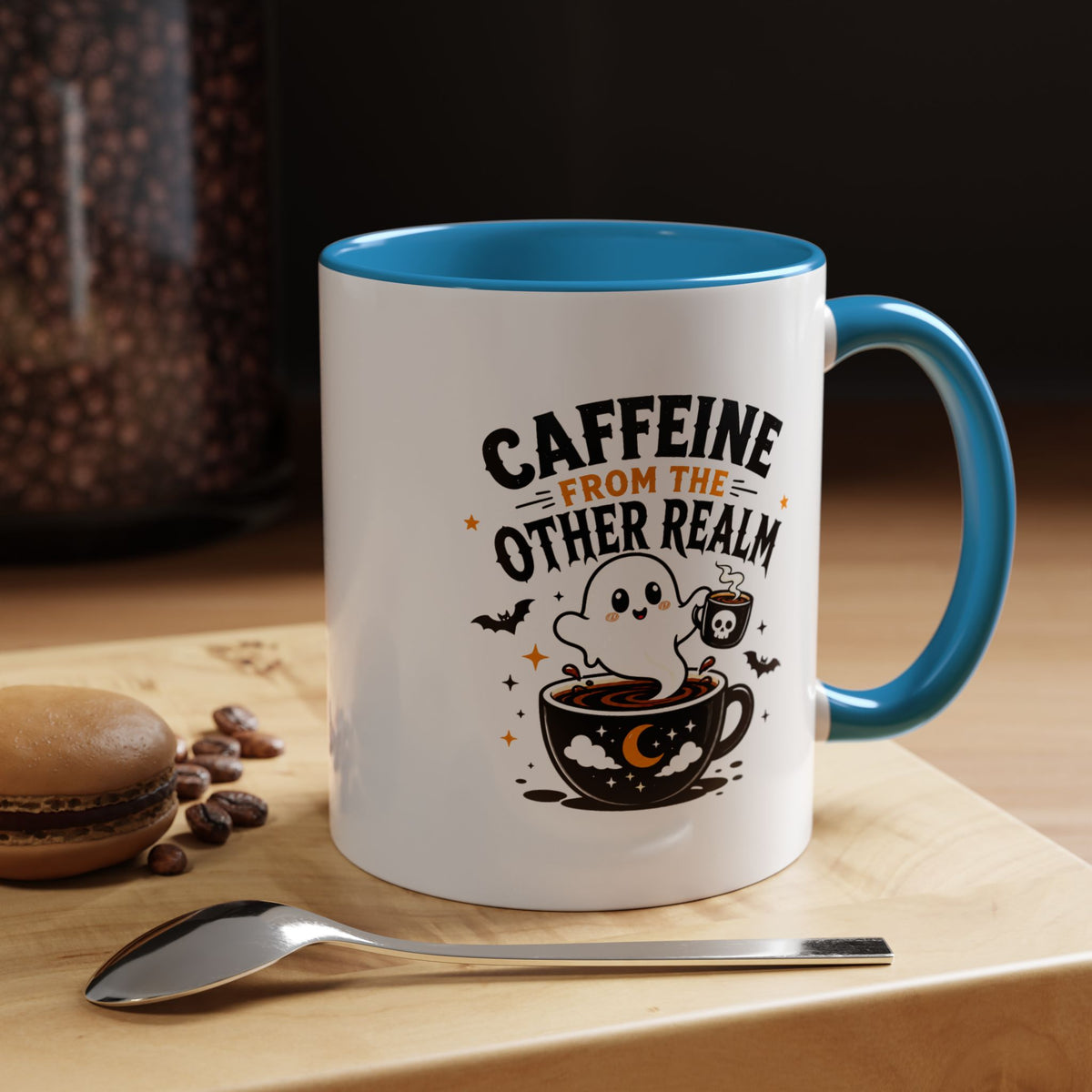 Halloween Ghost Coffee Mug, Caffeine From the Other Realm Black Accent Cup, Funny Spooky Gift for Coffee Lover, Barista or Coworker