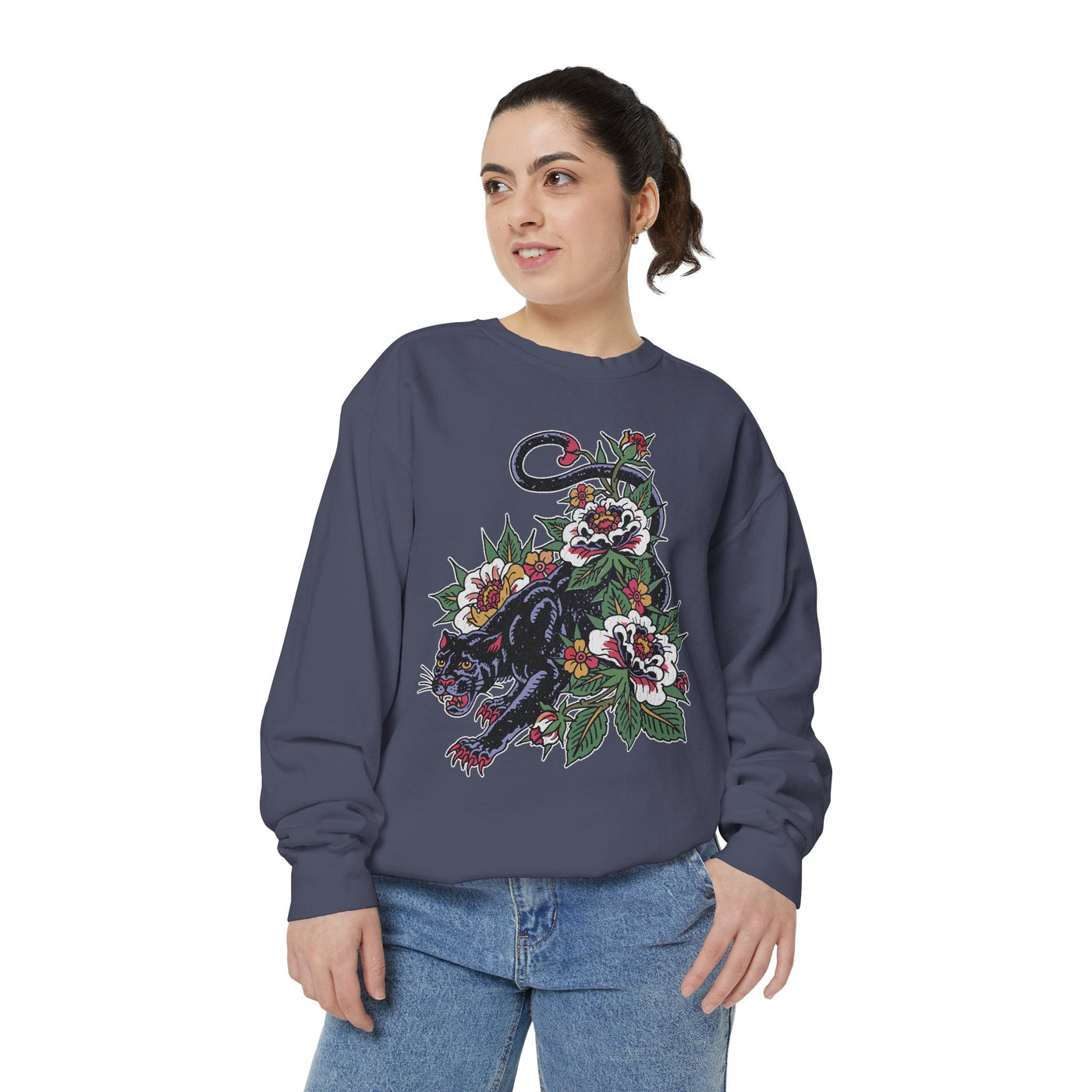 Traditional Panther Graphic Sweatshirt, Floral Tattoo Pullover for Men and Women, Old School Big Cat Top