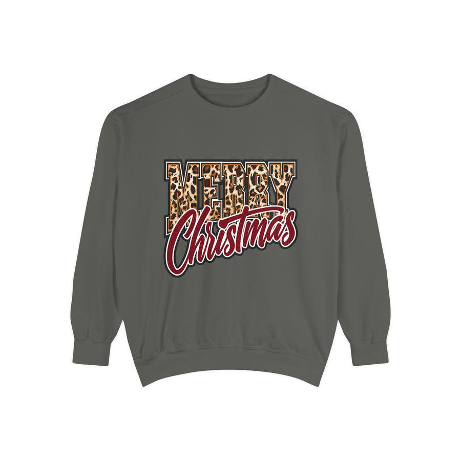 Merry Christmas Leopard Print Sweatshirt, Trendy Holiday Crewneck, Cheetah Lettering Pullover, Festive Gift for Women, Mom or Teacher